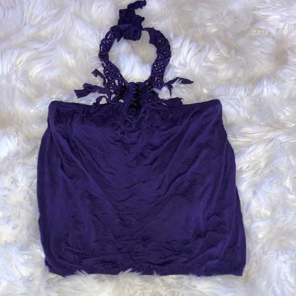 BEBE Purple Braided Fringe Beads Halter Top Shelf Bra Top M - Picture 8 of 16